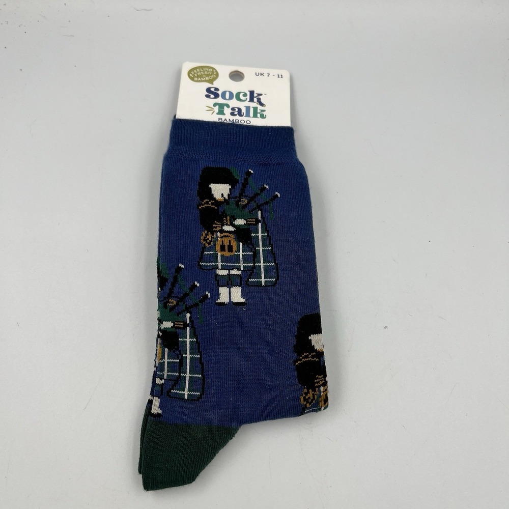 NEW! Sock Talk Ankle Bamboo Socks Scottish Piper Bag Pipe Patterned 1 Pair Blue
